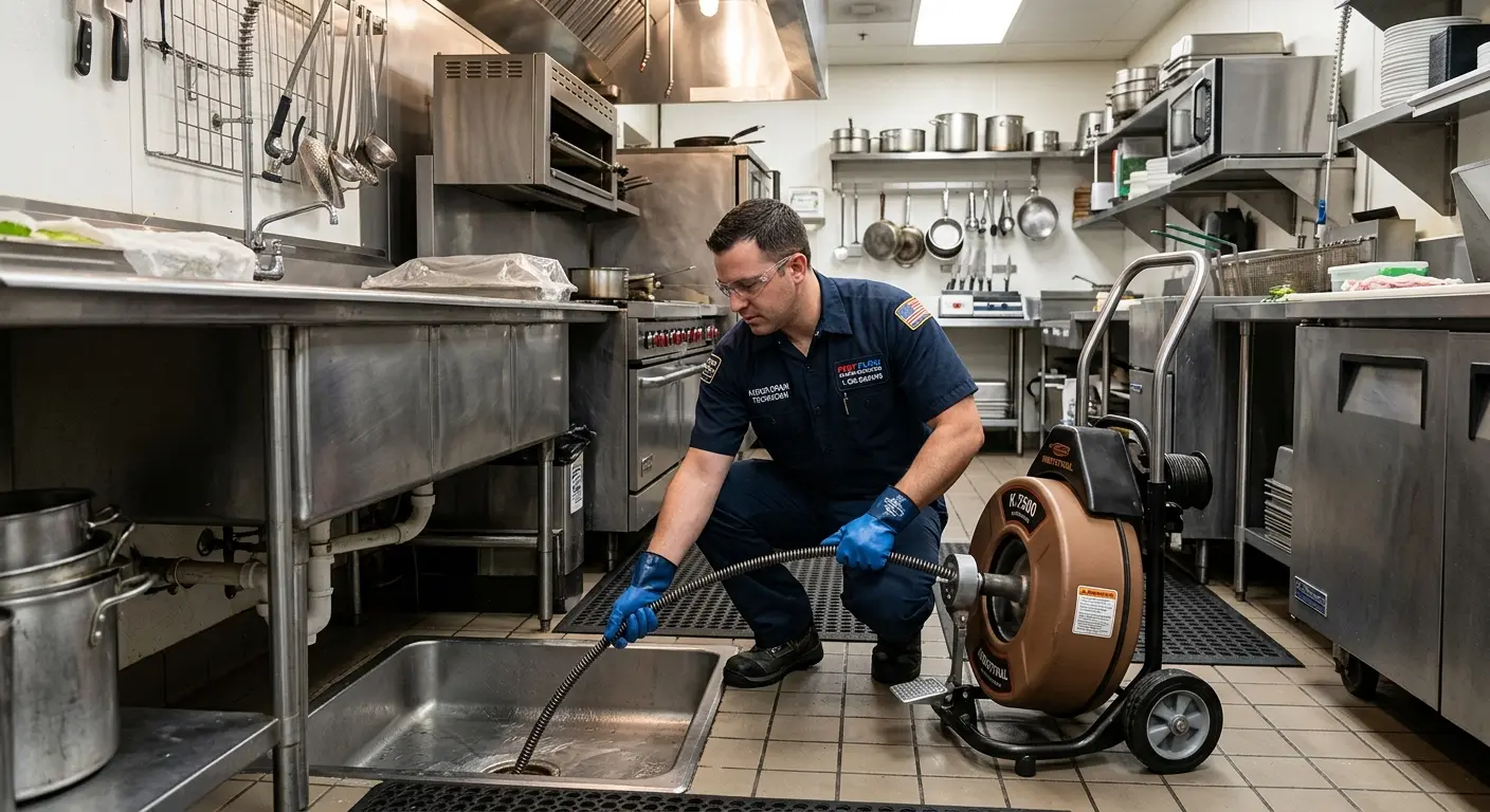 Commercial drain cleaning service in a restaurant kitchen in Old Bridge
