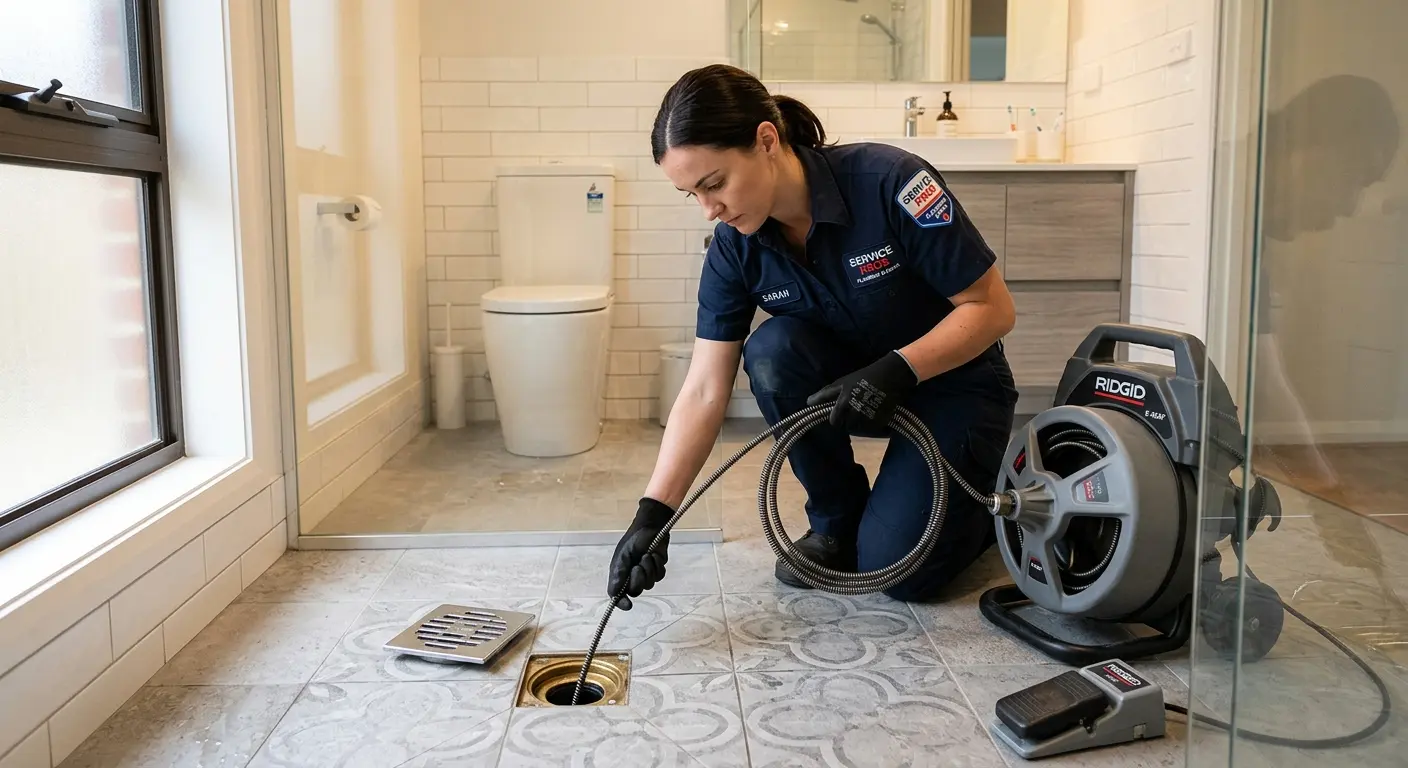 Technician clearing a bathroom floor drain for Sewer Line Installation in Old Bridge